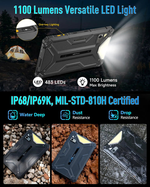 Badass Rugged 5G Tablet With 10.36 Inch FHD Plus 2K Display, 11800 Mah Powerhouse Battery, IP68 Certified, Android 14, 16 Gb Ram 256 Gb Storage Expands To 2 Tb, Dual Cameras, Gps Nfc For Outdoor Grinds, showcasing 1100 lumens lighting and rugged design.