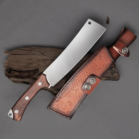 Beefy Dual Purpose Kitchen And Outdoor Cleaver For Bone Chopping And Bushcraft Wood Splitting Ultra Sharp 80 Degree Blade with sheath