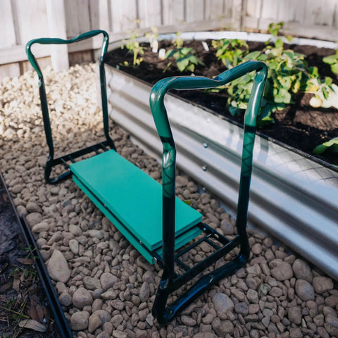 2-In-1 Garden Kneeler And Seat With Cushioned Pad, Foldable Stool For Weeding And Planting near raised garden bed
