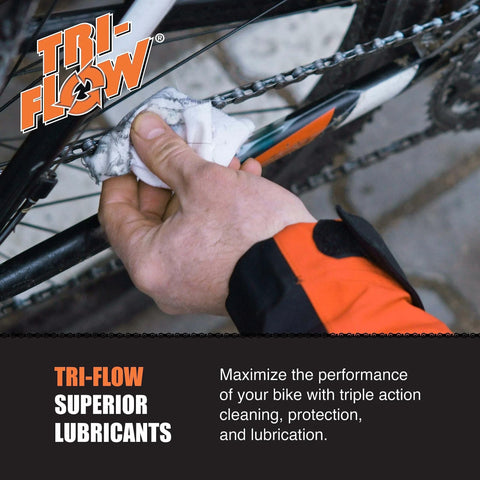 Person applying lubricant to bicycle chain with Tri-Flow Superior Lubricants.