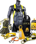Tsunami Bundle Premium Braided Rope Vertical Lifeline Kit With Safety Harness Lanyard Cross Arm Strap Tool Lanyard Roof Anchor And 20L Dry Bag For Fall Protection ANSI OSHA 100 Ft displayed on mannequin.
