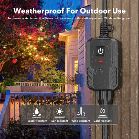 Outdoor Remote Control Outlet Plug Weatherproof Wireless Switch for Patio and Garden mounted on wall, night view