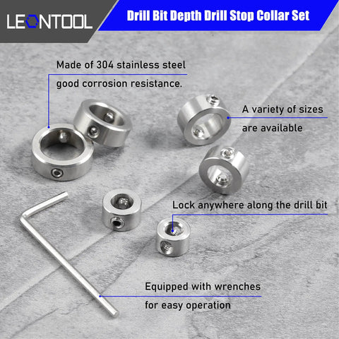 Depth Stop Collar Set For Drill Bits 3 To 16 Millimeters, 12-Piece Stainless Steel Kit with hex wrench on textured surface