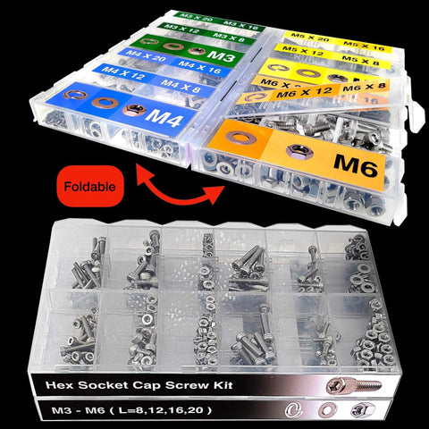 Metric Bolt And Screw Assortment Kit 880Pcs with M3 M4 M5 M6 hex socket head cap screws in foldable organizer box