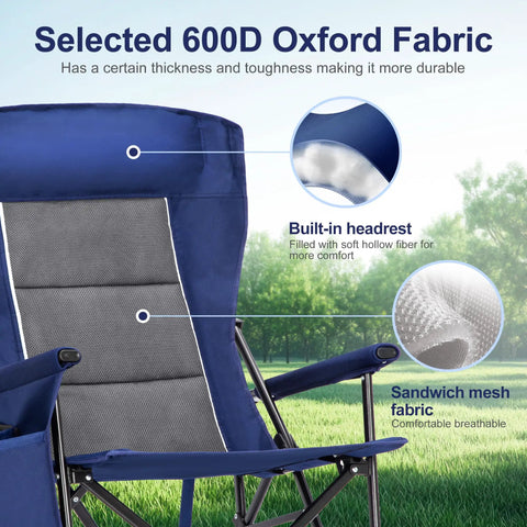 Big Folks Friendly Oversized Camping Chair Heavy Duty 500 Lb Capacity High Back Portable Collapsible Seat with blue fabric details