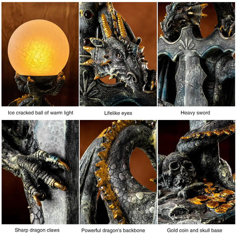 Gothic Dragon Sword Statue Table Lamp With Glowing Orb, Medieval Mythic Guardian Resin Decor featuring dragon details and glowing orb