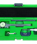 Three Piece Dial Caliper Outside Micrometer And Steel Rule Measuring Kit For Quick Precise Readings 0 To 6 Inch Dial Caliper 0 To 1 Inch Outside Micrometer 6 Inch 150 Mm Steel Rule Pro Grade Hand Tool Set in green plastic case
