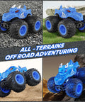 Blue Remote Control Monster Truck For Kids 3 4 5 6 7 8 Dope 2.4GHz All Terrain Off Road RC Car With Sprayer Lights on various terrains