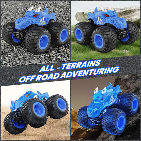 Blue Remote Control Monster Truck For Kids 3 4 5 6 7 8 Dope 2.4GHz All Terrain Off Road RC Car With Sprayer Lights on various terrains