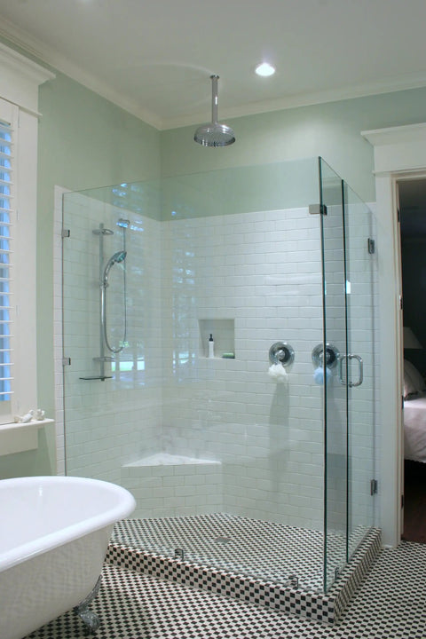 Glass shower with No-Brainer Tile Niche Recess For Bathrooms 14 By 14 Inch Preformed Shower Shelf inside.