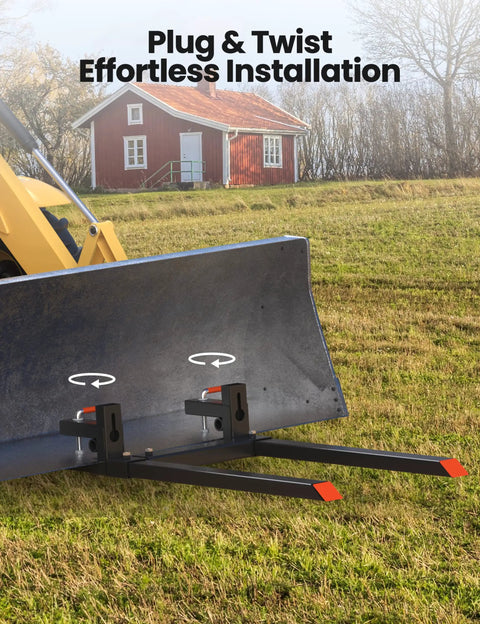Close-up of 60-Inch Clamp-On Pallet Forks for Tractor Bucket, 2000 lbs capacity, attached to a tractor in a field, plug and twist system visible.