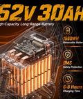 52V 30Ah high-capacity battery for Heavy Duty Electric Dirt Bike With 5500W Mid Drive Motor And 276Nm Torque, showing battery cells and BMS.