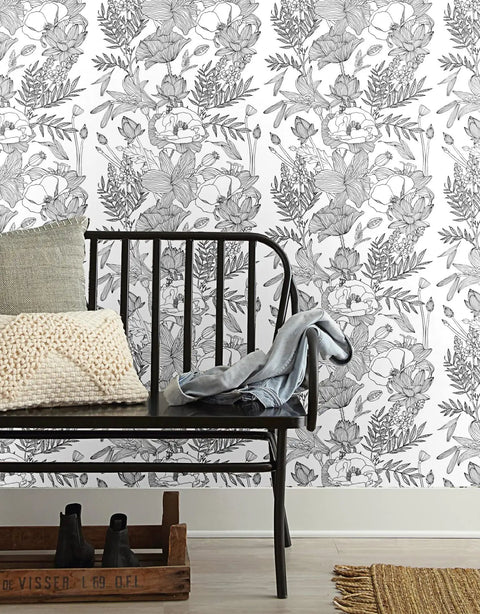 Living room with Black And White Lotus Lily Leaf Peel And Stick Wallpaper Self Adhesive Prepasted Mural For Walls Easy To Install 17.7 Inch Wide By 118 Inch Long Covers About 14.5 Sq Ft Thick Durable Material No Pattern Matching.