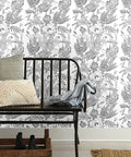 Peel And Stick Black White Lotus Lily Damask Wallpaper Mural For Easy DIY Decor in living room setting next to black bench