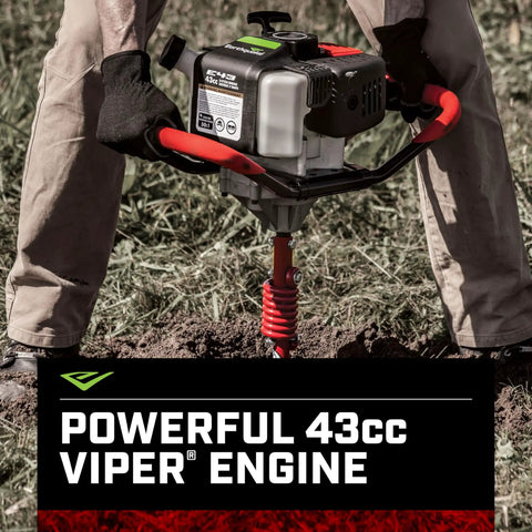 One Person Earth Auger Powerhead 43cc 2 Cycle Viper Engine With 30 To 1 Transmission in use on grassy terrain