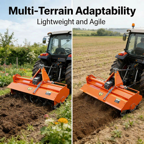 37 Inch 3 Point Rotary Tiller Attachment For Cat 1 Tractors 15 To 25 HP With 540 RPM PTO Drive in field use