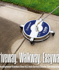 Westinghouse Stainless Steel Surface Cleaner on driveway, showing half-cleaned section with water nozzle attached.