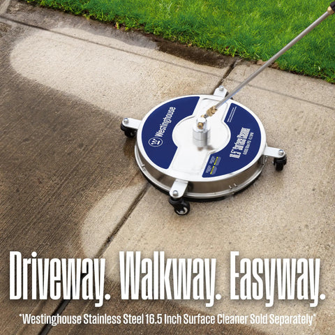 Westinghouse Stainless Steel Surface Cleaner on driveway, showing half-cleaned section with water nozzle attached.