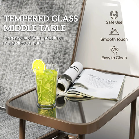 Close-up of Two Person Outdoor Glider Bench With Built In Table For Patio Hangout showing tempered glass table with drink and book.