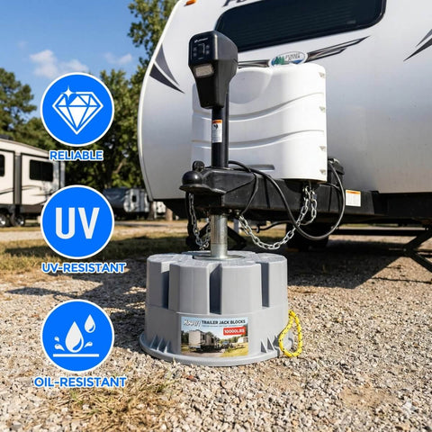 Six Inch Height Trailer Jack Block Heavy Duty 40000 Lbs RV Camper Stabilizer Blocks for Travel Trailers Tongue Jack and Fifth Wheels Scissor Style Stabilizers 1 Pack Built from Weather Resistant Polymer installed under trailer.
