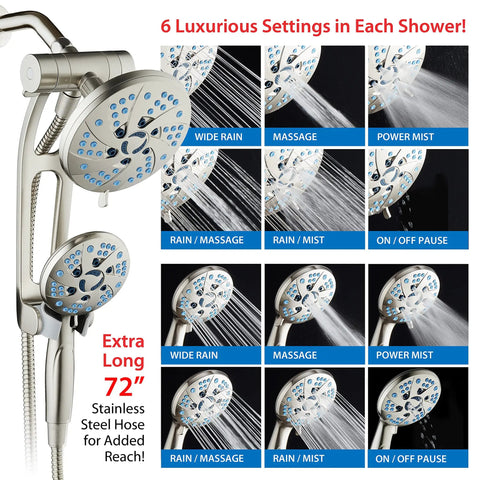High Pressure Spa Shower System With 6 Inch Rain Head And Handheld 3 Way Shower Head Combo 48 Modes Anti Clog Nozzles Extra Long 6 Ft Stainless Steel Hose Adjustable Arm Wall Bracket Nickel Finish For Home Spa Vibe