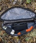 Open Outpost Corner Bike Bag with Built In Pockets For Gear No Seatpost Rattle Slim Frame Organizer for tools, showing contents.
