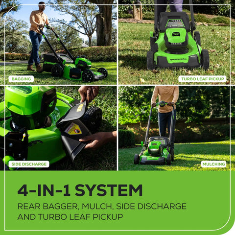 40V 20 Inch Brushless Cordless Lawn Mower With 4Ah Battery And Charger, 4 In 1 Cutting Deck for bagging, mulching, side discharge, turbo leaf pickup.