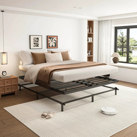 Heavy Duty Queen Size Box Spring With Low Profile Metal Frame And Thickened Steel Support Pillars For Wobble Free Mattress Foundation in a modern bedroom.