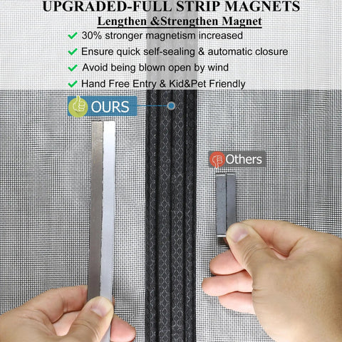 Comparison of full strip magnet vs. small magnet on upgraded magnetic screen door for fast installation and seamless closure.