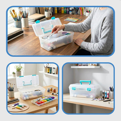 Essentials Lift Out Tray Box For Arts And Crafts Supplies Portable Organizer With Handle And Tray Clear Aqua Finish for storage