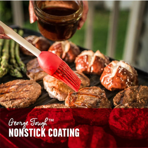 Indoor Outdoor Electric Grill With Nonstick Griddle Plate And Fat Reduction Drip Tray Twelve Plus Servings On A 200 Square Inch Surface Portable Apartment Friendly Barbecue For Easy Weekend Grilling with food being brushed with sauce