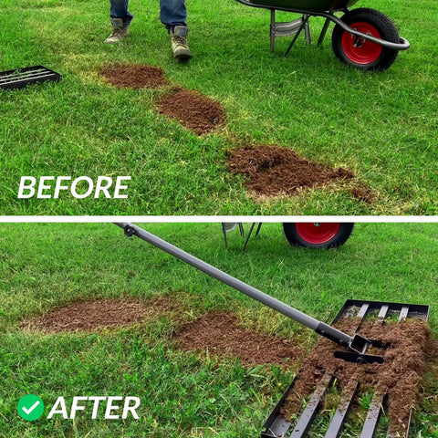 Before and after using Beefy Lawn Leveling Rake With 7ft Steel Handle, 30x10 Heavy Duty Landscape Rake, leveling soil patches.
