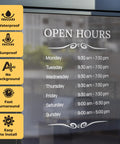 Customizable Business Hours Sign For Your Biz Storefront And Office Weatherproof Vinyl Decal Door Sign For Indoor Outdoor Use Hours Of Operation Sign For Window And Shop Made In USA showcasing open hours in vinyl on glass with waterproof icons.