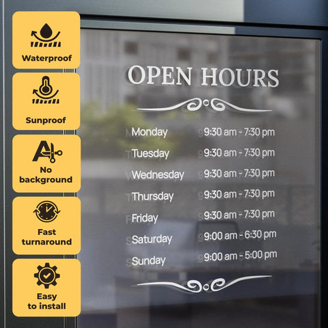 Customizable Business Hours Sign For Your Biz Storefront And Office Weatherproof Vinyl Decal Door Sign For Indoor Outdoor Use Hours Of Operation Sign For Window And Shop Made In USA showcasing open hours in vinyl on glass with waterproof icons.