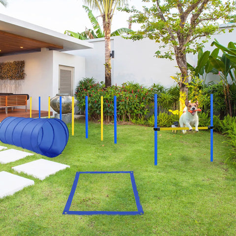 Dog jumping over high bar in 4 Piece Dope Dog Agility Training Course Kit For Backyard Setup And Competition Ready With Adjustable High Jump Weave Poles Pause Box Round Tunnel Stakes And Rope In Blue And Yellow