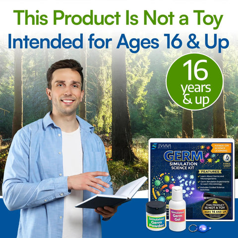 Man holding notebook next to Germ Transfer Visualization Kit With Glow In The Dark Powder And Gel for ages 16 and up.