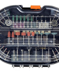 All In One 327 Piece Rotary Tool Accessory Kit With Carrying Case open showing organized sanding, carving, cutting tools