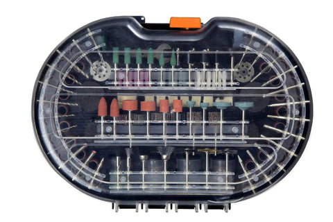 All In One 327 Piece Rotary Tool Accessory Kit With Carrying Case open showing organized sanding, carving, cutting tools