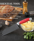 Crinkle-cut knife with red rubber handle and ribbed dark blade for slicing potatoes and vegetables