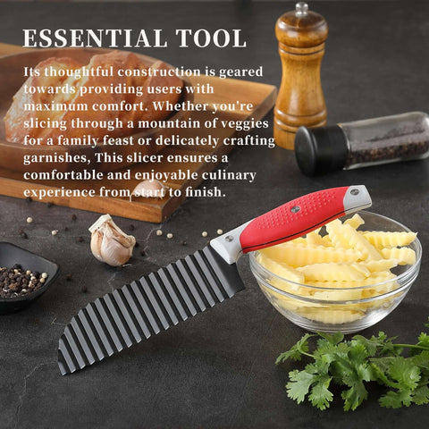Crinkle-cut knife with red rubber handle and ribbed dark blade for slicing potatoes and vegetables