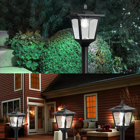 Outdoor Solar Post Lights 67 Inch Vintage Street Lamps in a garden by a house, no electric needed, weatherproof