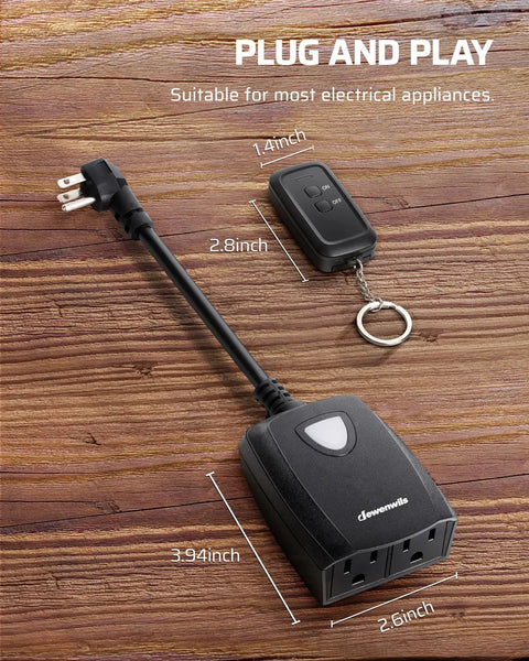 Wireless Outdoor Outlet With Remote Control, Weatherproof Plug In Light Switch, 2 Remotes, shown on wood surface with dimensions