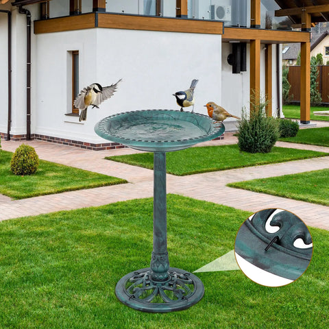 28 Inch Pedestal Bird Bath With Scalloped Bowl Vintage Outdoor Garden Decor Green Resin Weatherproof And Lightweight Backyard Accent That Attracts Birds, Easy Setup, Frost Resistant in garden setting