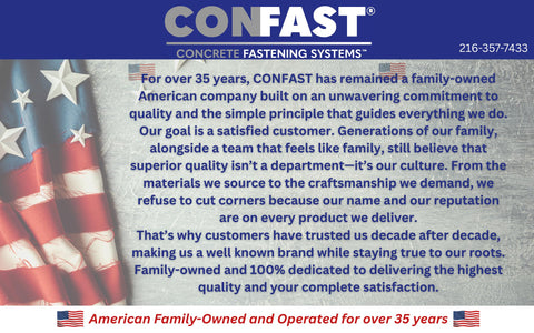 CONFAST company mission statement emphasizing family-owned values and commitment to quality with American flag background.