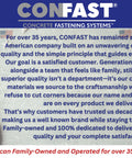 CONFAST banner highlighting family-owned American company and dedication to quality for over 35 years with American flag background.