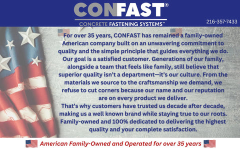 CONFAST company banner highlighting family-owned American business values with text describing commitment to quality and customer satisfaction.