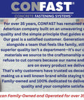CONFAST promotional image with American flag and text about family-owned business and commitment to quality.