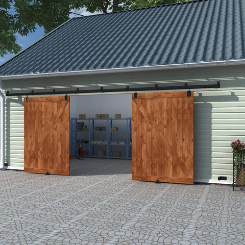 16 Ft Black Box Rail Exterior Barn Door Hardware Track Kit For Two Doors Built Tough with 500 lb weight capacity