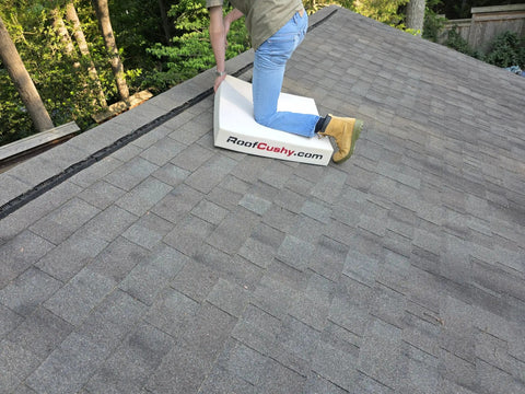 Heavy Duty Roofing Cushion With Killer Traction And Heat Blocking Kneeler Mat For Hardworking Roofer Crew in use on shingles.