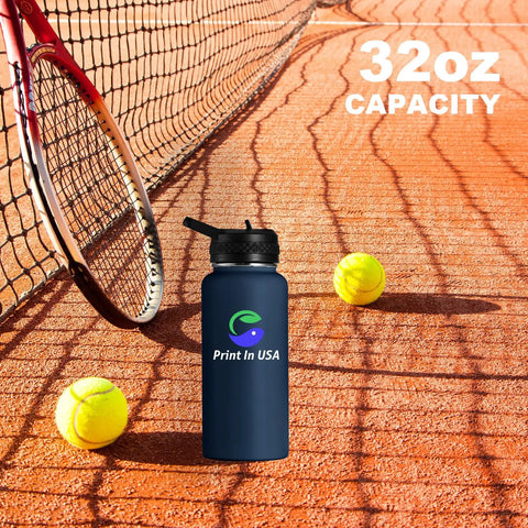 Custom Printed 32oz Stainless Steel Double Wall Insulated Tumbler Water Bottle With Lid And Straw Hella Durable Build Lets You Flex A Dope Personalized Photo Or Logo Straight Up Made In Usa on a tennis court.